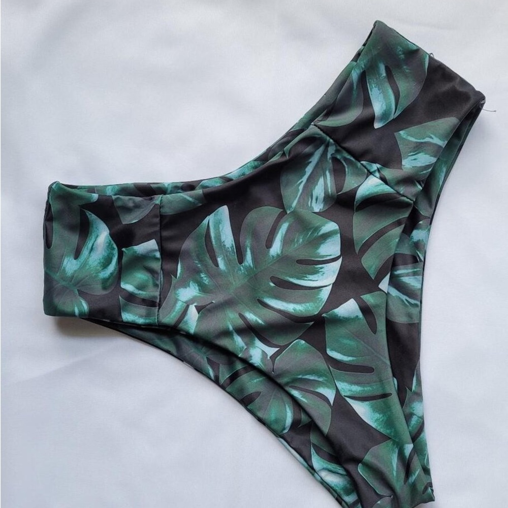 Leaf Print High-Waisted Bikini Bottom